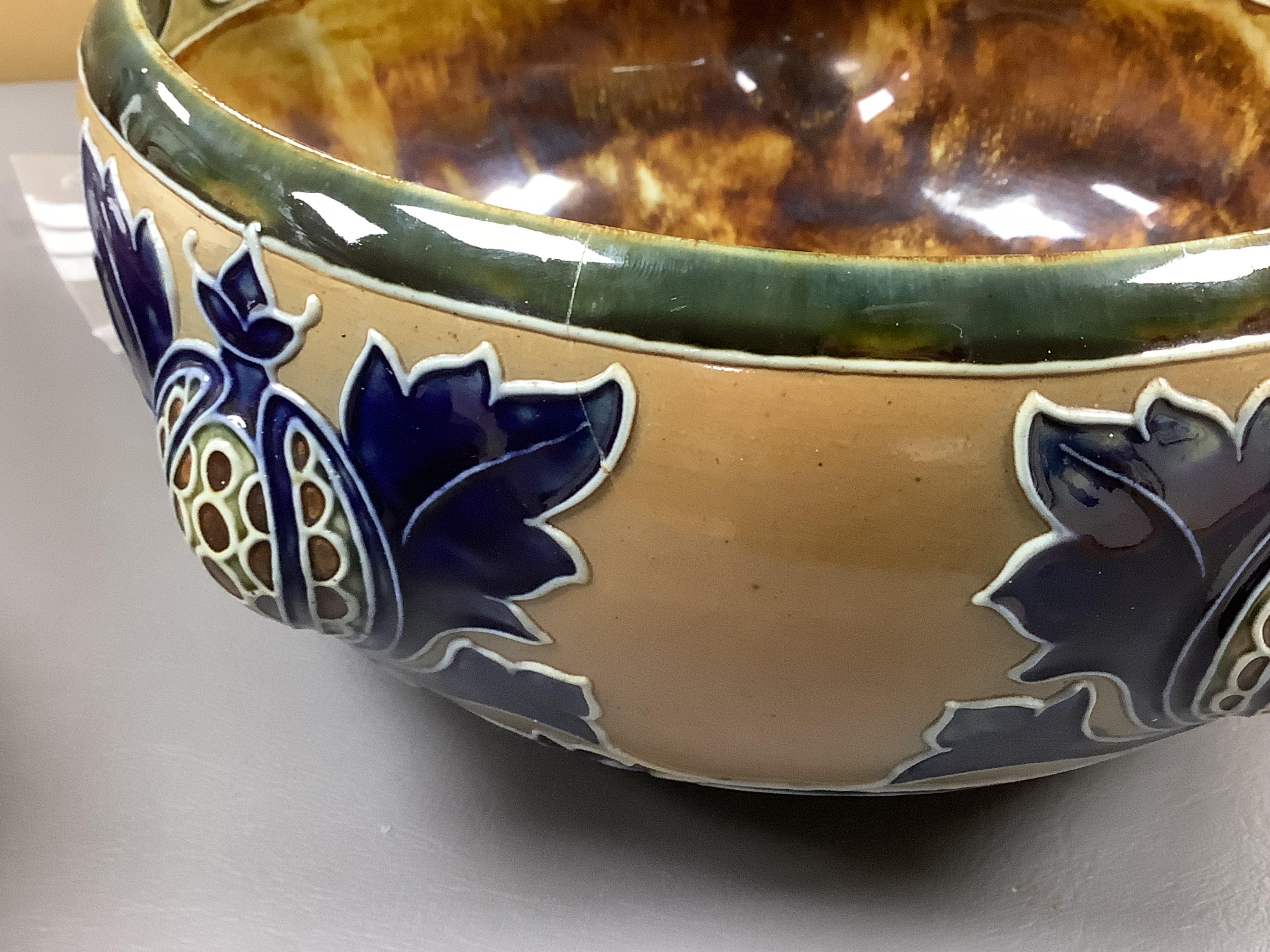 Mark V. Marshall, a Doulton Lambeth bowl, together with a Frank Butler jug, lacking handle, largest 25cm high